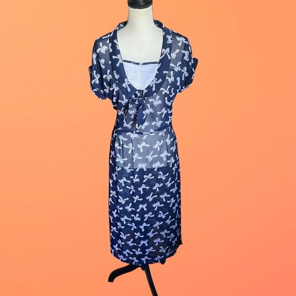 Bettie Page Las Vegas XL 10 Navy Blue & White Bow 40s Style Day Dress - Picture 2 of 13